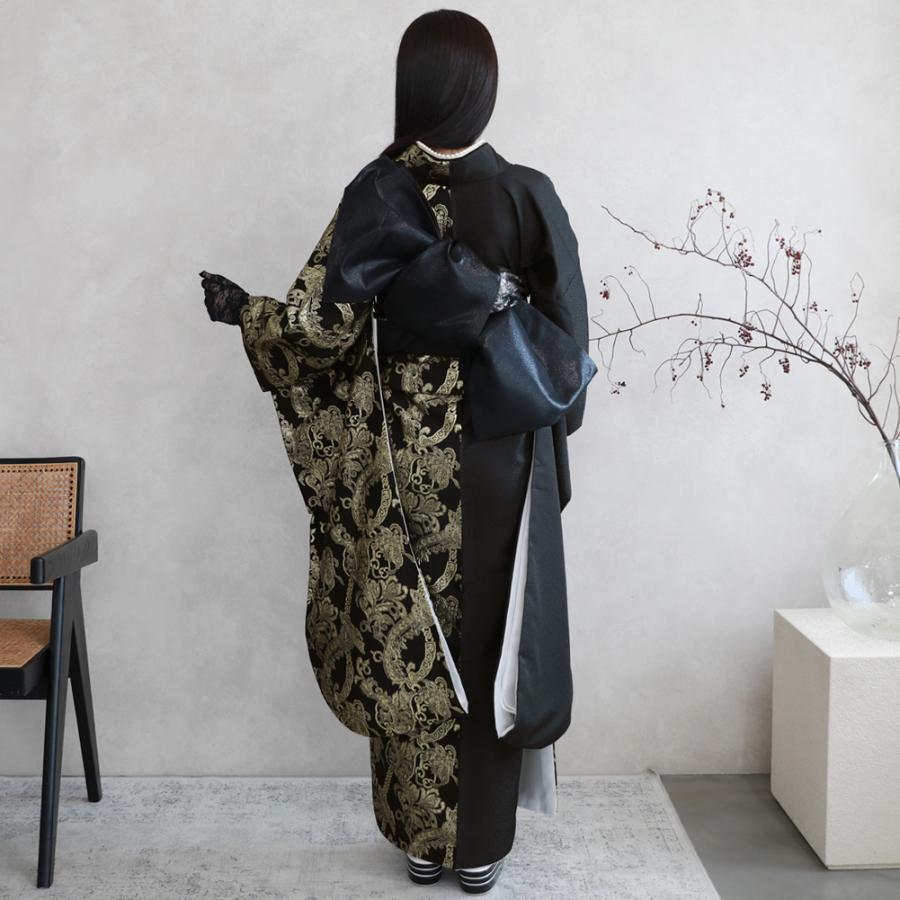 振袖フルセット 正絹振袖成人式 振袖6点セット クロコ黒帯 振袖フル