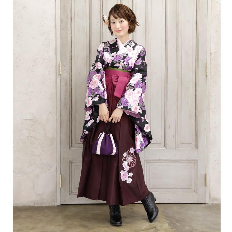 卒業式 袴 レンタル 「黒地にピンクと紫の金縁取り八重桜」 女 袴
