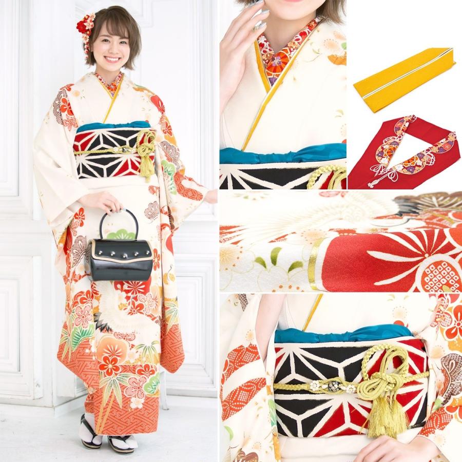 振袖セット 白系 オフホワイト 松竹梅 桜 雲取り 紗綾型 絵羽柄 正絹