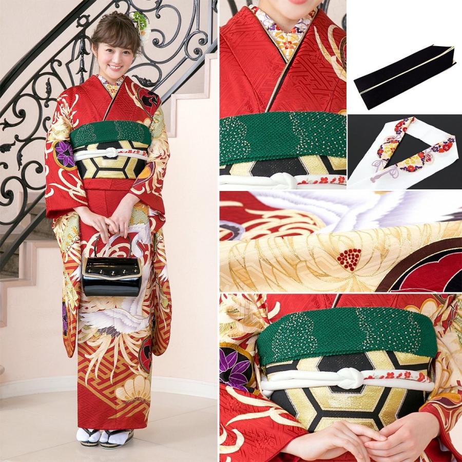 振袖セット 赤系 レッド 菊 紗綾型 鶴 丸文 花 絵羽柄 正絹 西陣織