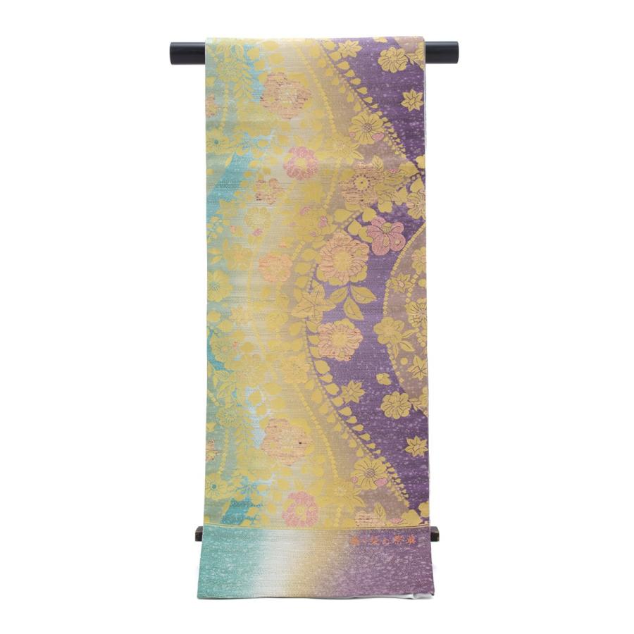 未仕立て】袋帯 振袖用 紫 パープル 金 ゴールド 緑 グラデーション 花