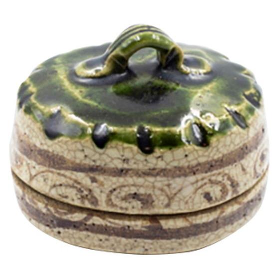 茶道具 香合 / 織部はじき香合（鉄山作） 化粧箱入 寸法:5.6×4.7cm 88g