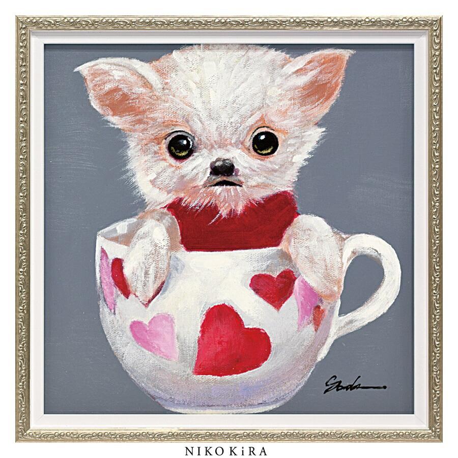 絵画額付( 青緑＋金色の枠)油絵F4-030119 子猫（子犬）と女の子 絵画