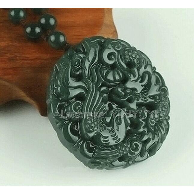 美しい 自然 緑 和田翡翠彫刻 中国ドラゴン フェニックス お守り