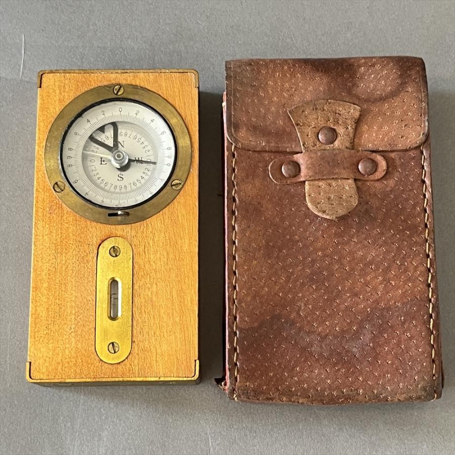 ヴィンテージ 昭和レトロ 木製 水平器付き方位磁石 コンパス レザー