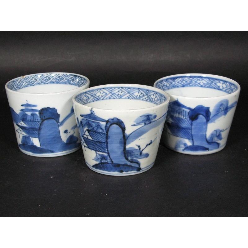 古伊万里 染付 山水文 見込み岩波文 蛇の目高台 蕎麦猪口 3客セット (6