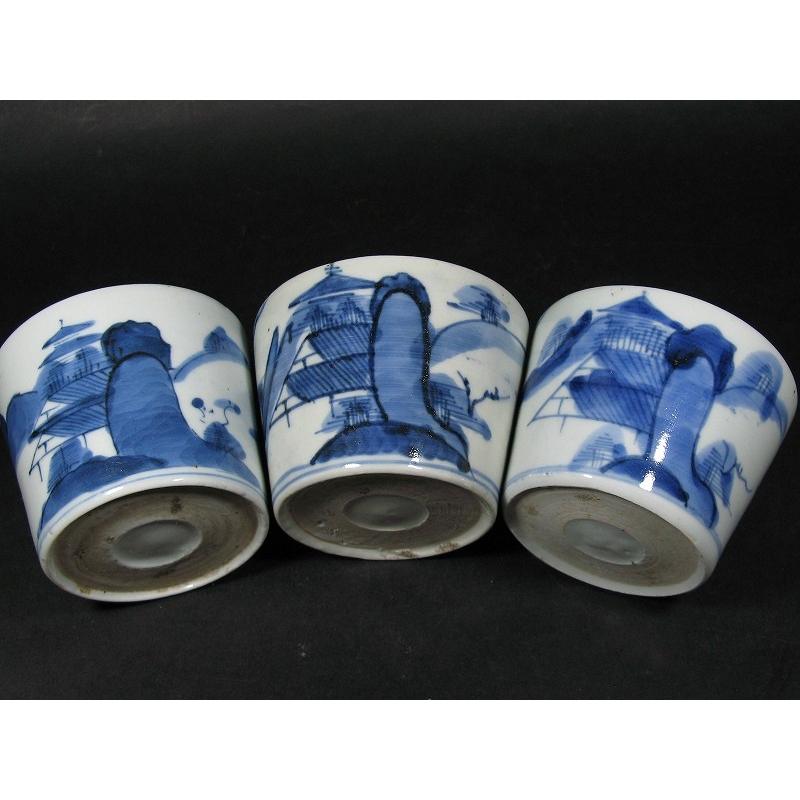 古伊万里 染付 山水文 見込み岩波文 蛇の目高台 蕎麦猪口 3客セット (6