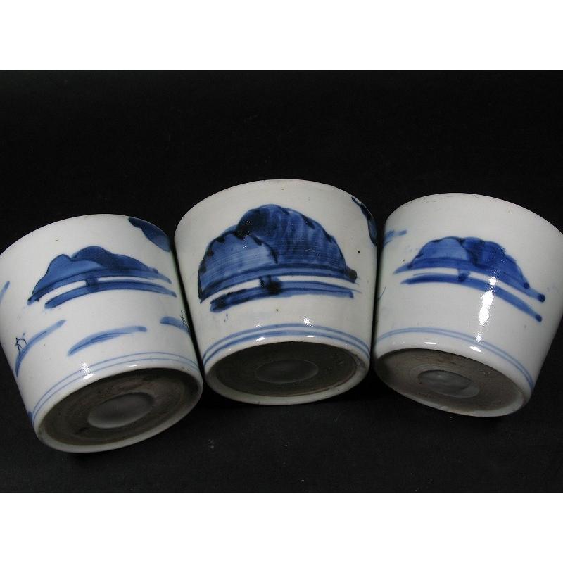 古伊万里 染付 山水文 見込み岩波文 蛇の目高台 蕎麦猪口 3客セット (6