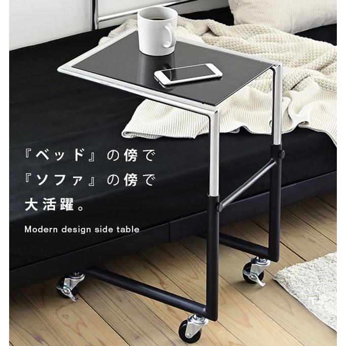 サイドテーブル ガラス天板 キャスター付き 高さ3段階調節 スチール製