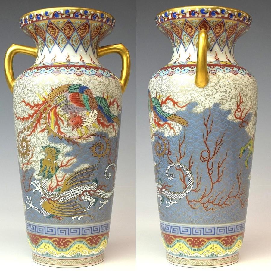 中国古玩色絵鳳凰龍図花瓶【桐箱付】