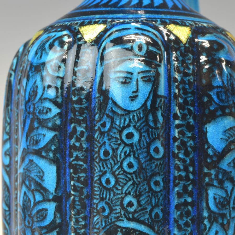 趣楽】 希少 人間国宝 【加藤卓男】作 『青釉胡姫文手付花入』 高さ