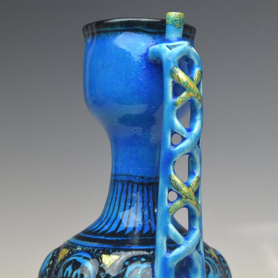 趣楽】 希少 人間国宝 【加藤卓男】作 『青釉胡姫文手付花入』 高さ