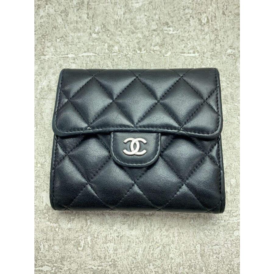 CHANEL◇キャビアスキン/ココマーク/ラムスキン/3つ折り財布/羊革/BLK