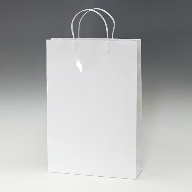 手提げ紙袋 L グロスホワイト プラ取っ手 表面光沢加工 33cm巾 (巾330