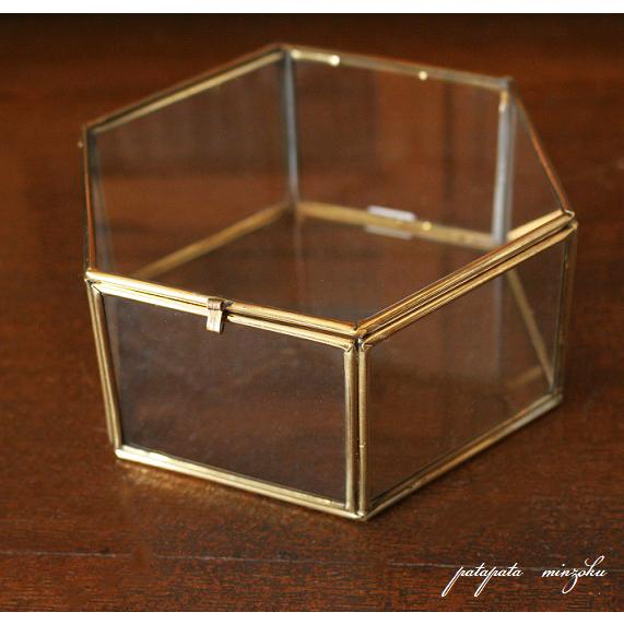 真鍮 六角 ガラスボックス フラット LL ケース アンティーク調 ブラス