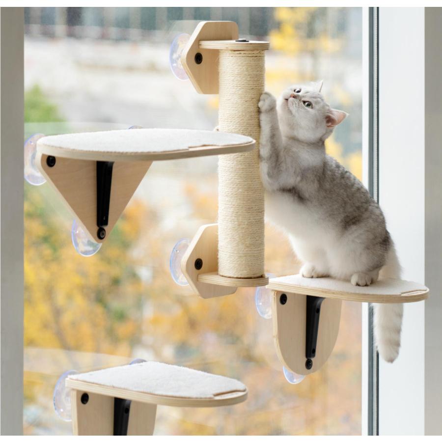 猫ステップ 猫ハンモック 吸盤式 木製 ウォールキャットシェルフセット