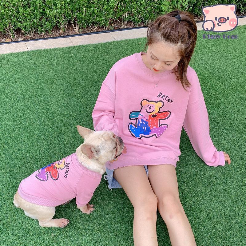 ワンちゃんの洋服 お揃い 親子ペアルック 春秋服 熊柄 レーナー 小型犬