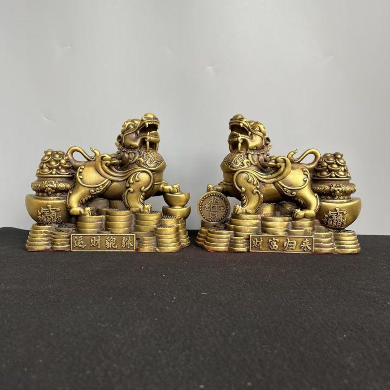 銅製 獅子像 2体セット 魔除け・守護・権威 文鎮 置物 銅製 獅子像 2体