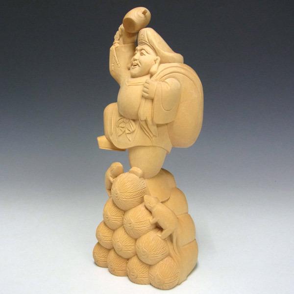 木彫り 大黒天 高さ24cm 置物 ねずみ付き 七福神 縁起物 : 仏像と