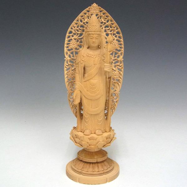 井波彫刻 聖観音菩薩立像 蓮の花の台座付き 大型 高さ約65cm 井波彫刻