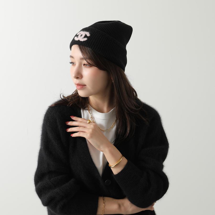 CHANEL 黒 ニット帽 ボタン ビーニー キャップ ビジュー ライン