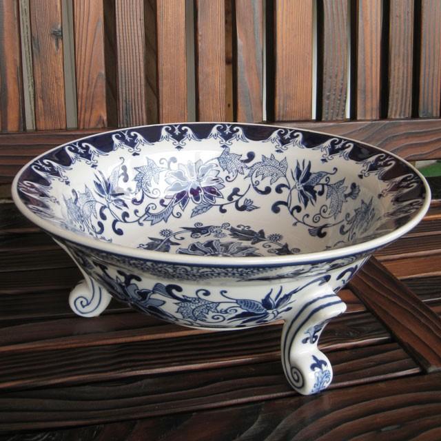 三脚口広水盤 藍花 陶器鉢 水鉢 睡蓮鉢 和モダン アジアン ビオトープ