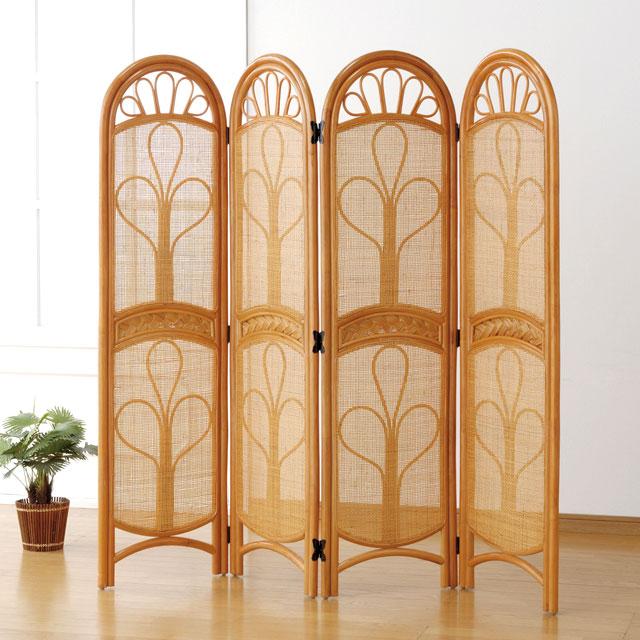 東京ラタン 天然籐スクリーン4連 折り畳みパーテーション 衝立 木製