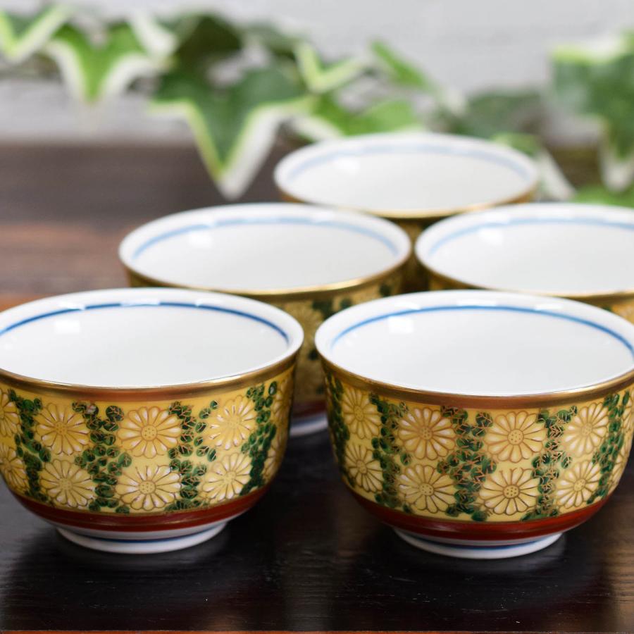 骨董・時代の美品】九谷焼 茶器揃 5客 湯呑茶碗/湯冷まし/急須 鶴/花