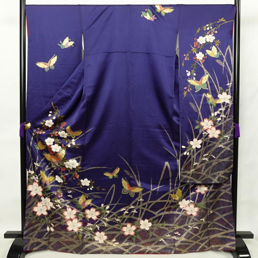 中古 振袖 正絹 蝶・昆虫柄 袷仕立て 身丈169cm 裄丈69cm 箔 金彩 青