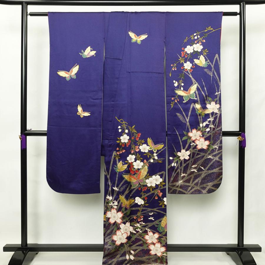 中古 振袖 正絹 蝶・昆虫柄 袷仕立て 身丈169cm 裄丈69cm 箔 金彩 青