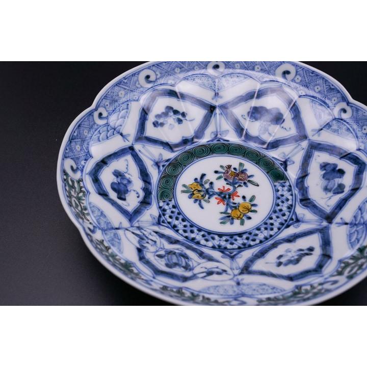 藍九谷 花紋 菊形長皿