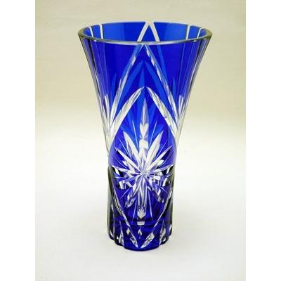POLONIA カットガラス 花瓶 青 箱つき POLONIA カットガラス 花瓶 青