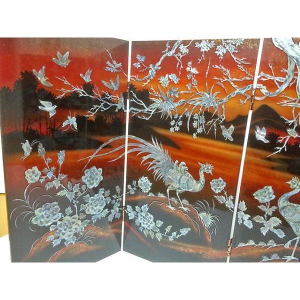 絵画 工芸品 漆 ◇ 屏風 四曲一隻 九雀 螺鈿 インテリア : 日本