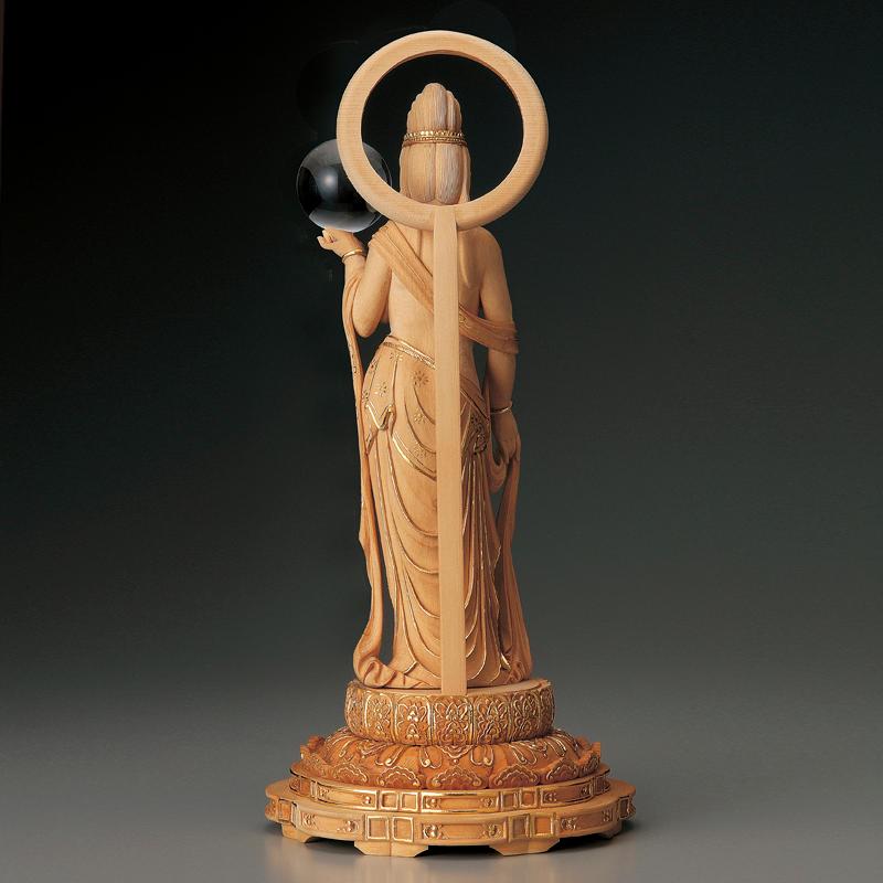 天然 檜 総手彫り 『 裸 吉祥天 』 李建作 純金彩 水晶宝珠 木彫 彫刻