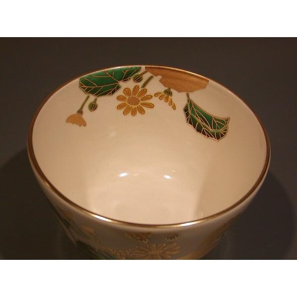 茶道具 抹茶茶碗 色絵 石蕗（つわぶき）画、京都 相模竜泉作、桐共箱