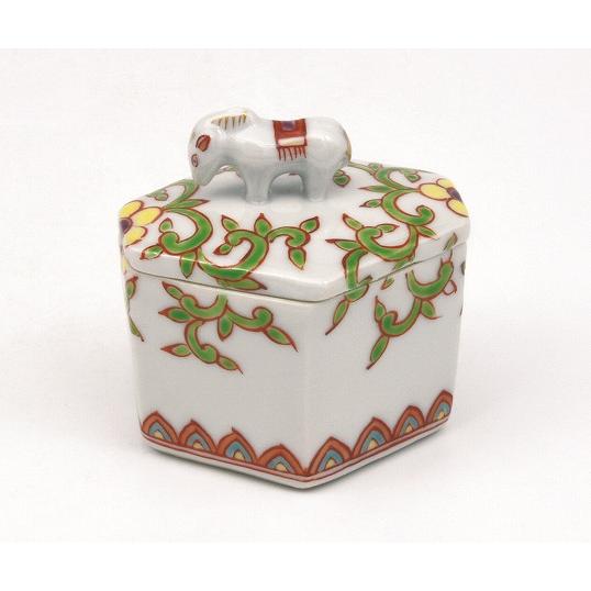 茶道具・茶器 香合、干支「午」「馬・うま」、色絵 菱形 馬、京都 高野