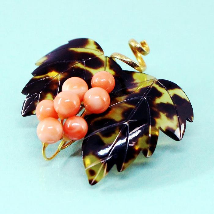 本鼈甲オレンジ色の葉とビーズのブローチ 珊瑚玉付べっ甲ブローチ 送料
