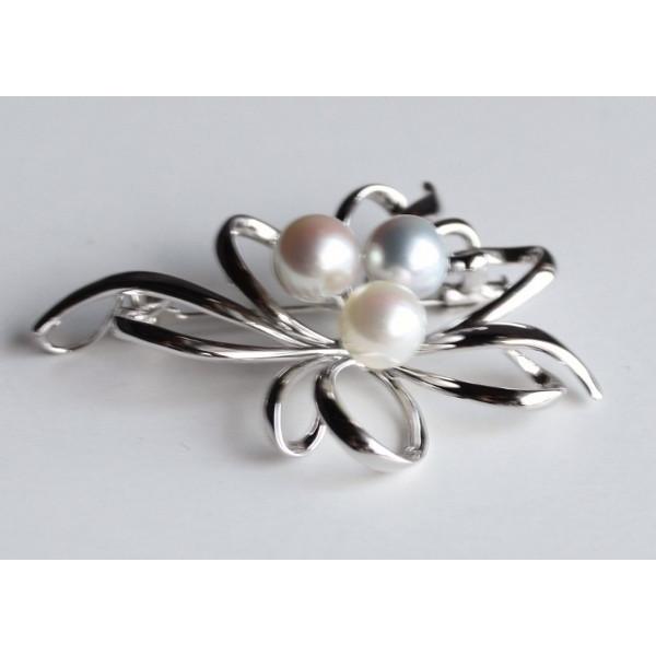 パール ブローチ シルバー製 伊勢志摩産 あこや本真珠 大珠3個付