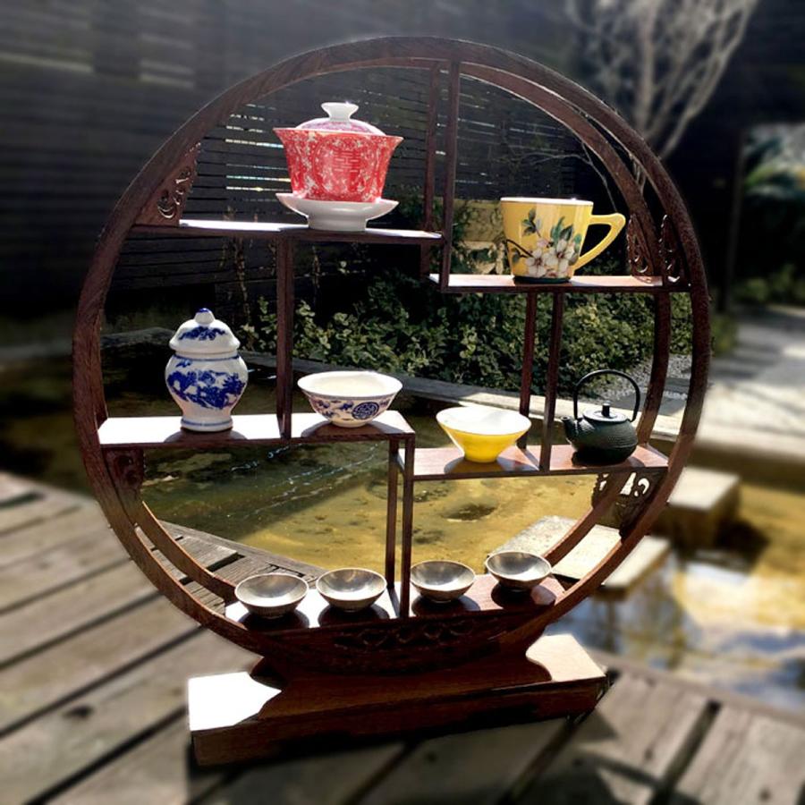 珍品棚 中国茶器 飾り棚 木製 丸型 大 飾り台 シノワズリ シェルフ