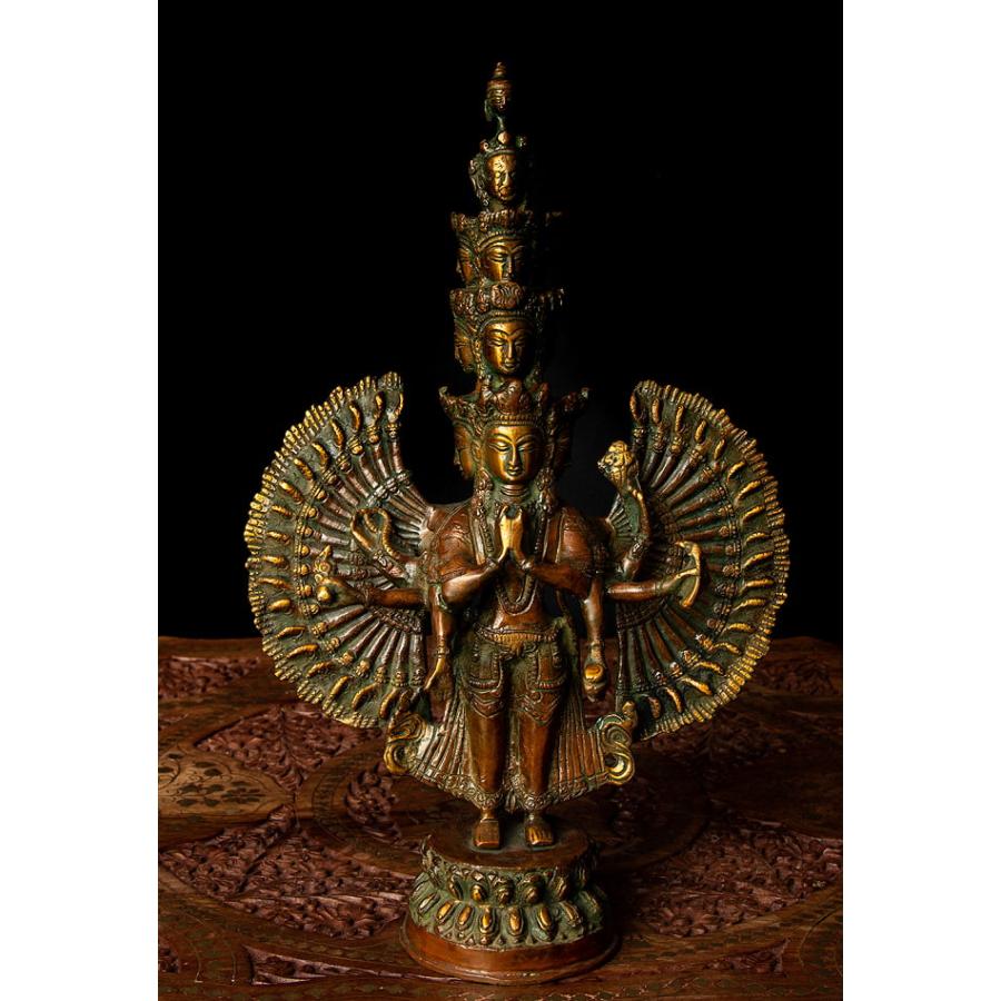 送料無料 銅造鍍金仕上げ 十一面千手千眼観音菩薩 サハスラブジャ 千手