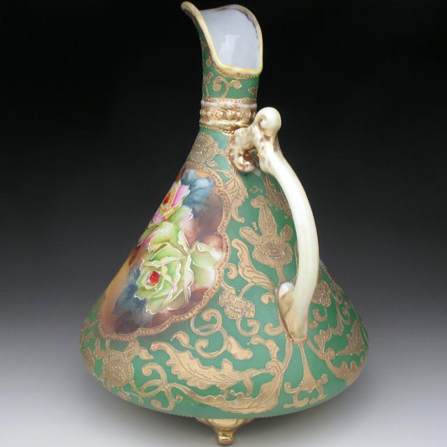 ノリタケ オールドノリタケ グリーン地金盛り薔薇絵 水差し ピッチャー