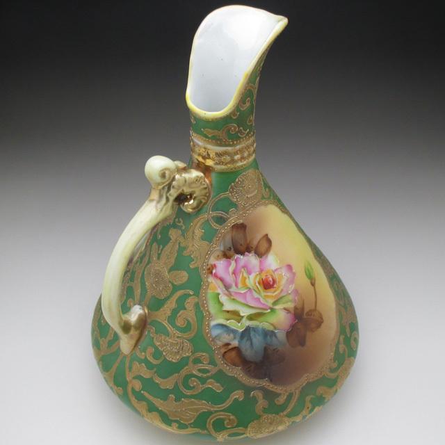 ノリタケ オールドノリタケ グリーン地金盛り薔薇絵 水差し ピッチャー