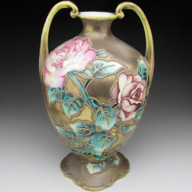 希少 オールドノリタケ Noritake 丸木印 ピンク色 盛上 踊る裸女 花瓶