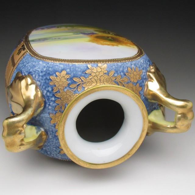 ノリタケ オールドノリタケ 暈し青地金盛り湖畔風景絵 花瓶 22cm