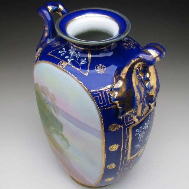 里帰り オールド ノリタケ コバルト 金盛湖畔白鳥図 双耳花瓶 R71123-4