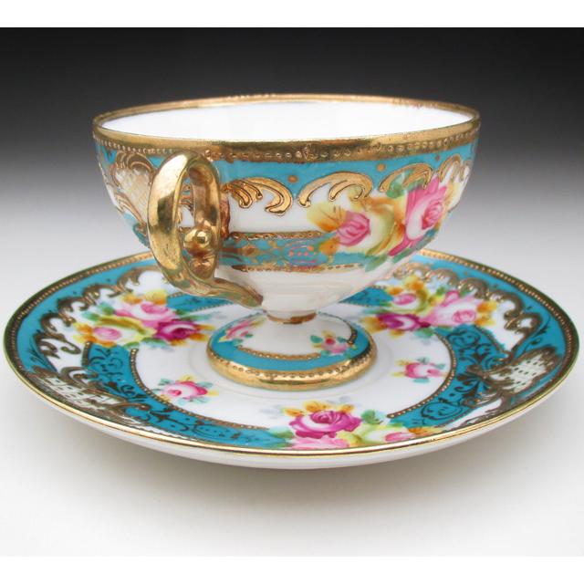 ノリタケ オールドノリタケ ブルー地金盛り薔薇絵 カップ＆ソーサー (a