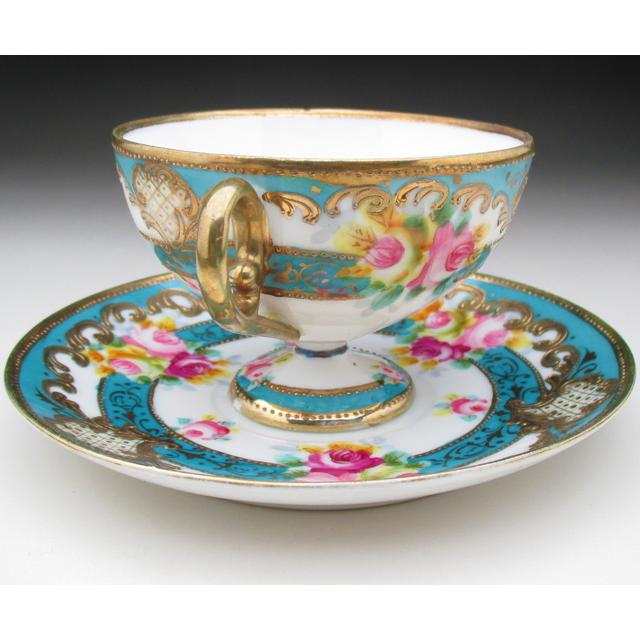 ノリタケ オールドノリタケ ブルー地金盛り薔薇絵 カップ＆ソーサー (b