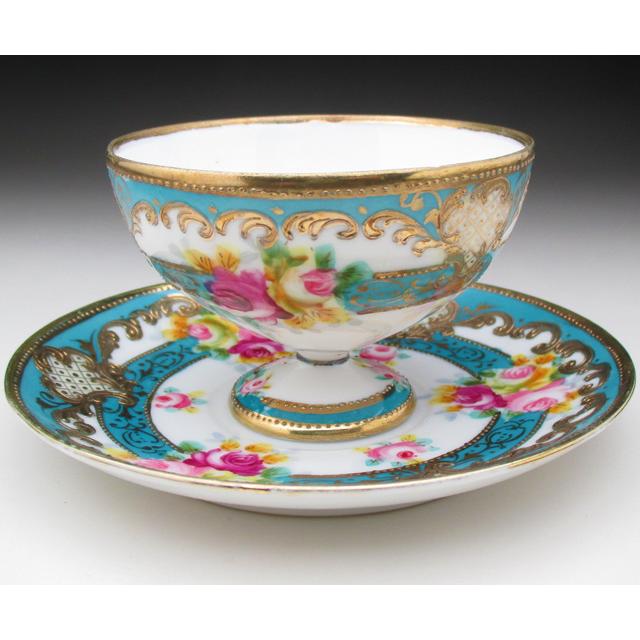 ノリタケ オールドノリタケ ブルー地金盛り薔薇絵 カップ＆ソーサー (b