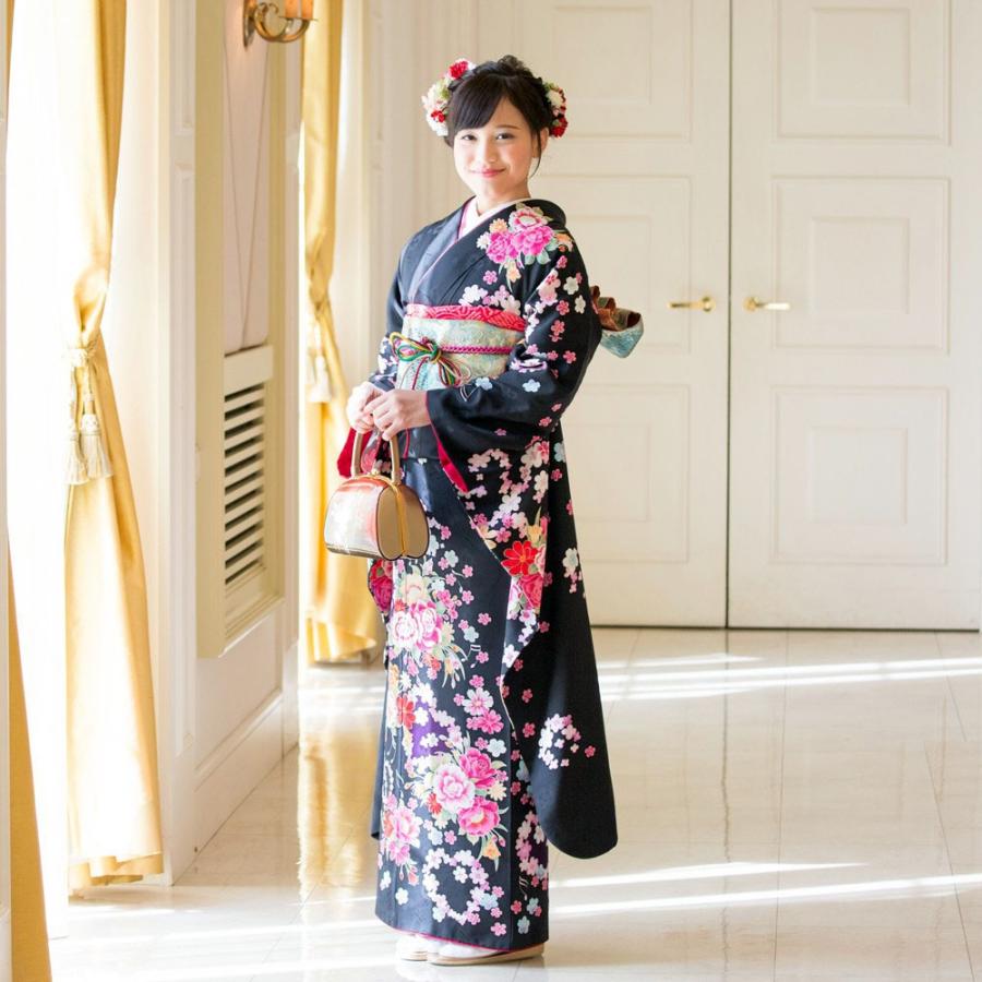 振袖レンタル 成人式 高級正絹 FS-841 黒系 振袖 レンタル 式典 ふりそ