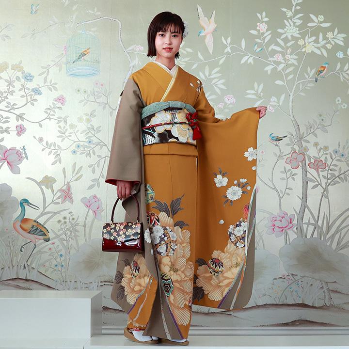 振袖レンタル 成人式 高級正絹 FS-535LT 鼈甲色 背が高い 振袖